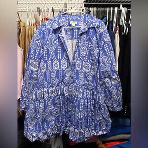 Maeve Blue and White Printed Bubble-Hem Shirt Dress